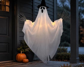 Light Up Hanging Ghost with Witch Hat, Large Halloween Ghost Decor, Skeleton Hands, Spooky Porch and Indoor Hanging Decoration