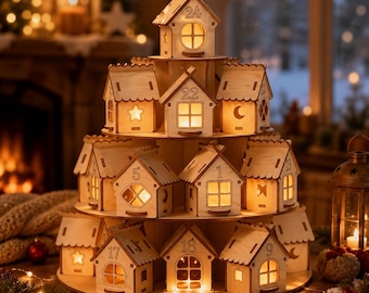 Wooden Advent Calendar Village, Christmas Countdown with 24 Houses, Reusable Wooden Christmas Village, Holiday Decor