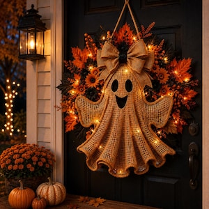 Light Up Ghost Wreath for Front Door, Rustic Burlap Halloween Wreath, Fall Door Decor, Farmhouse Autumn Ghost Decoration