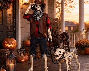 Articulated Skeleton Cowboy & Skeleton Dog, Posable Halloween Yard Decor, Western Goth Outdoor Halloween Decoration, 36 Inch