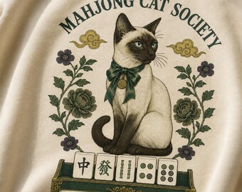 Mahjong Cat PNG, Siamese Cat Mahjong Design, Vintage Chinoiserie Game Night Shirt Graphic, Mahjong Lover Sublimation Download