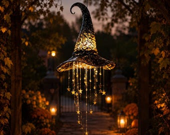 Lighted Witch Hat Hanging Chime, Halloween Porch Decor, Glowing Star Tassel Ornament, Celestial Gothic Decor, Witchy Hanging Light
