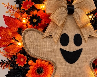 Light Up Ghost Wreath for Front Door, Rustic Burlap Halloween Wreath, Fall Door Decor, Farmhouse Autumn Ghost Decoration