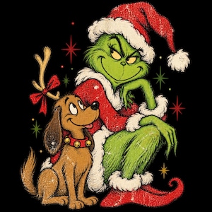 May include: A graphic illustration of a green creature wearing a red Santa suit and hat, sitting next to a brown dog with a single antler headband and a red collar with gold bells, surrounded by small red and green star-shaped accents.