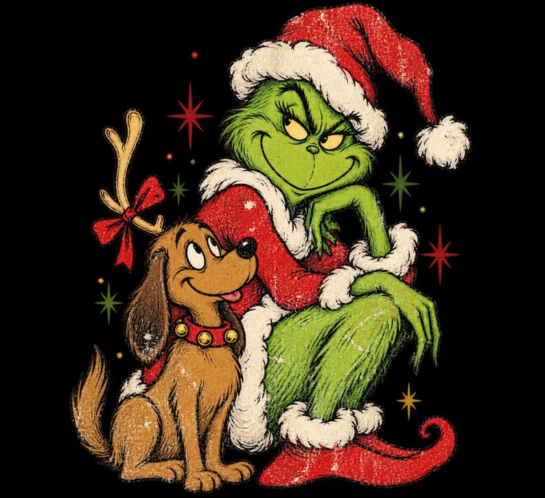 May include: A graphic illustration of a green creature wearing a red Santa suit and hat, sitting next to a brown dog with a single antler headband and a red collar with gold bells, surrounded by small red and green star-shaped accents.