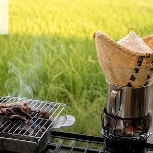 Handwoven Bamboo Sticky Rice Basket with Stainless Pot | Thai Kitchenware, Camping Cookware
