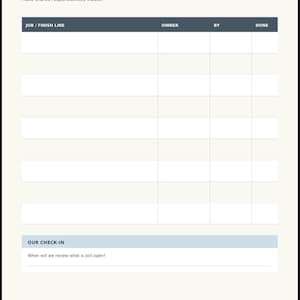 May include: A cream-coloured printable planner page titled The home handoff with the brand name MAISONSIYA at the top. It features a table with columns for Job/Finish Line, Owner, By, and Done, plus a section for Our Check-in to review open tasks.