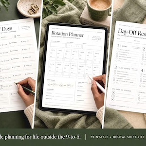 Peut inclure: Un ensemble de planificateurs de vie en format imprimable et numérique comprenant trois pages distinctes : My Next 7 Days, Rotation Planner et Day-Off Reset. Chaque page contient des sections structurées, des cases à cocher et des titres pour organiser les emplois du temps, les tâches et l'administration de la vie.