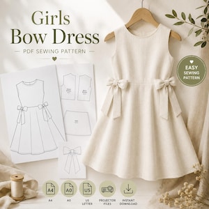Patron de couture pour robe à nœud papillon fille | Coupe trapèze sans manches, style été (Téléchargement PDF)