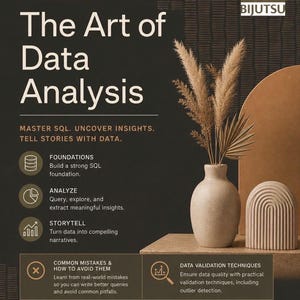 May include: A dark brown educational poster titled The Art of Data Analysis by Mimi Osman. It features text about SQL, data validation, and career skills, alongside a beige vase with dried pampas grass and a semi-circular decorative object.