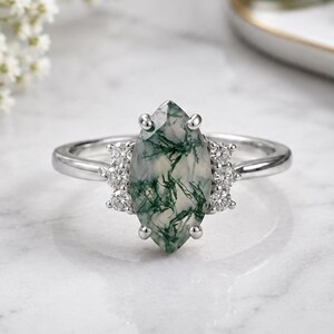 Captivating Marquise Moss Agate Cluster Ring, Sterling Silver Botanical Engagement Ring, Natural Green Gemstone Ring, Unique Cluster Jewelry
