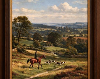 Reproduction d'une peinture à l'huile représentant une chasse à courre en Angleterre au XIXe siècle, scène équestre champêtre (Téléchargement numérique)