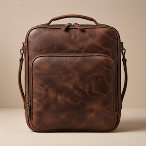May include: A rectangular brown leather bag featuring a top handle, a main zippered compartment, and a smaller front zippered pocket. The leather has a distressed, textured finish with visible grain patterns and antique-style metal hardware.
