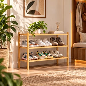 Bamboo Shoe Rack, 3 Tier Stackable Shoe Organizer for Entryway and Closet