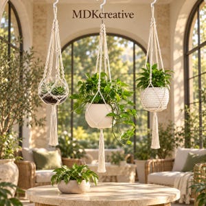May include: Three off-white macrame plant hangers suspended from hooks. The left holds a clear glass bowl with a succulent, the center holds a white ceramic pot with a leafy green plant, and the right holds a textured white pot with a plant.