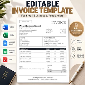 Editable Invoice Template for Small Business, Google Docs & Sheets, Word, Excel, PDF, Printable Billing Form, Client Receipt, A4 US Letter