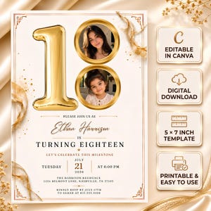 May include: An 18th birthday invitation template featuring a large gold balloon number one, two circular photo frames, and elegant text. The card details include the name Ethan Harrison, the date July 21, 2026, and a 5 x 7 inch size label.