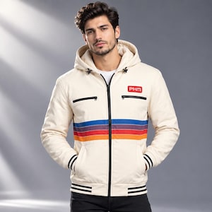 May include: A cream-colored hooded jacket featuring a full-length black front zipper, two chest pockets with black zippers, and a horizontal stripe pattern in blue, purple, red, and orange. A red rectangular patch with the text PHM is on the chest.