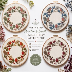 Puede incluir: Cuatro bastidores de bordado circulares de madera con diseños de petirrojos y coronas de invierno. El texto dice: ROBIN BIRD Winter Wreath EMBROIDERY PATTERN PDF, INSTANT DOWNLOAD, PRINTABLE PATTERN, INTERMEDIATE FRIENDLY, PDF PATTERN INCLUDES STEP-BY-STEP INSTRUCTIONS.