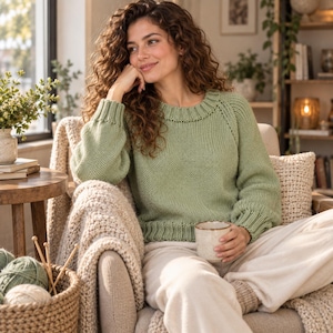 Könnte beinhalten: Ein langärmeliger Strickpullover in Salbeigrün mit geripptem Rundhalsausschnitt, gerippten Bündchen und einem gerippten Saum. Der Pullover ist im glatten Rechtsstrick gefertigt und hat eine lockere Passform mit Raglanärmeln und Struktur.