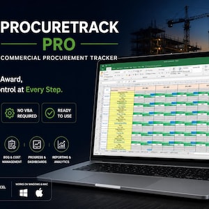 May include: A laptop displaying a Procuretrack Pro commercial procurement tracker spreadsheet. The screen shows a detailed grid with columns for RFQ to award. Text includes Excel template, no VBA required, and ready to use, with Windows and Mac icons.
