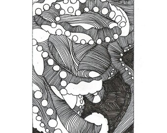 Octopus Drawing - Together Alonetopus  - Fine Art  Print of 4"x6" Black and White Drawing