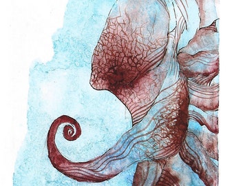 Octopus Painting - Coconut Octopus  - Fine Art  Print 1 of 4"x6"  Blue and Burgundy Watercolor