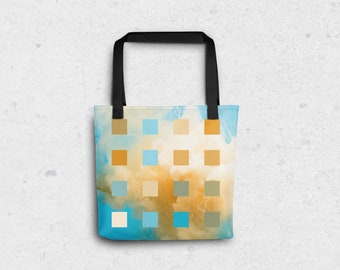 May include: A tote bag featuring a geometric pattern of squares in shades of blue, brown, and beige. The squares are arranged in a grid pattern on a white background with a watercolour effect.