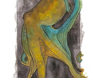 Octopus Painting - Tentative Octopus  - Fine Art  Print of 8"x10" Colorful Gouache Painting