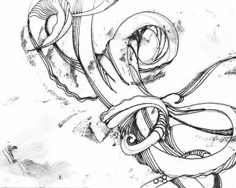 Octopus Drawing - Leaking Octopus - Fine Art Print of 6"x4" Black and White Drawing