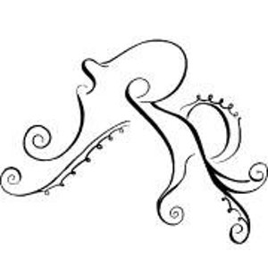 May include: A black and white line drawing of an octopus with eight tentacles. The octopus is stylized with a whimsical, flowing design.