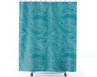 May include: Teal shower curtain with a white abstract pattern of waves and circles.
