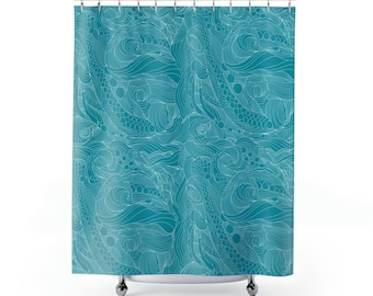 Teal Intrigue - Abstract Linework Octopus Shower Curtains