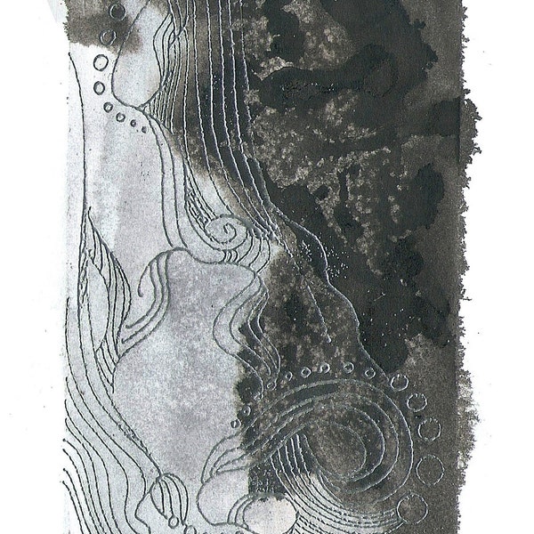 Octopus Painting - Les Poulpes d'Argent - Fine Art  Print of 6"x4" Grayscale with Silver Accents