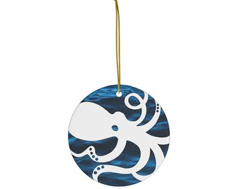 Blue and White Whimsical Ceramic Octopus Ornament