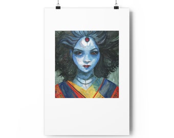 May include: A watercolour painting of a woman with blue skin and long black hair. She is wearing a colourful kimono with red, yellow and blue accents. She has a red dot on her forehead.