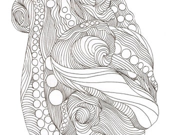 Octopus Drawing - Dressed in Colors of Intrigue - Fine Art  Print of 4"x6" Linework Drawing