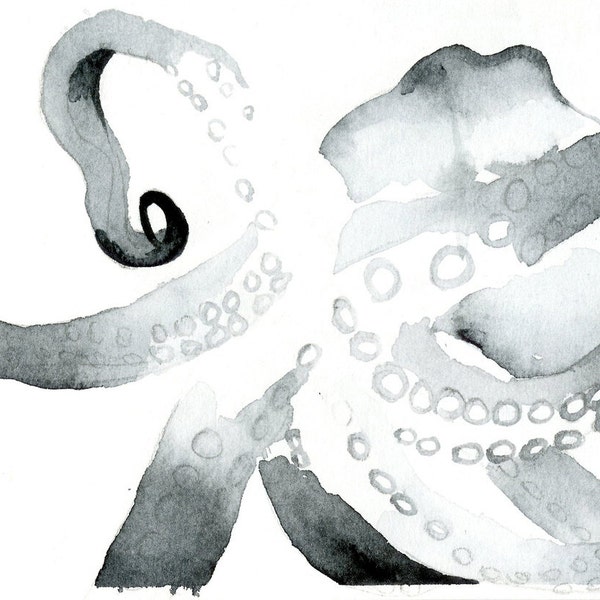 Octopus Painting - So Now You Knowtopus  - Fine Art  Print  of 6"x4" Black and White Watercolor