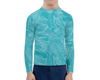 Teal Intrigue Abstract Linework Octopus - Kids Rash Guard