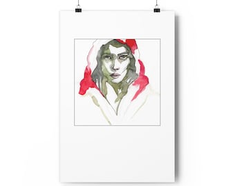 May include: A watercolour painting of a person wearing a red hooded sweatshirt. The person's face is visible and they have dark hair and green eyes.