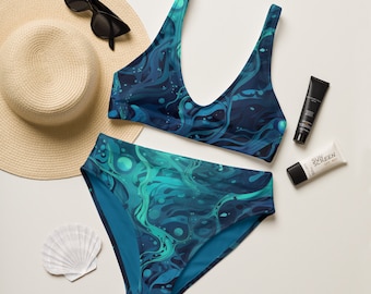May include: A blue and green swimsuit with a high-waisted bottom and a halter top. The swimsuit has a swirling, abstract pattern.