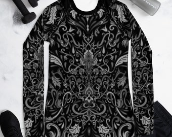 May include: Black long-sleeved shirt with a grey and white floral pattern. The pattern is intricate and detailed, with a damask-like design.