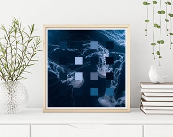 May include: A framed print of a digital art piece featuring a dark blue background with a grid of blue squares and two jellyfish in the centre.
