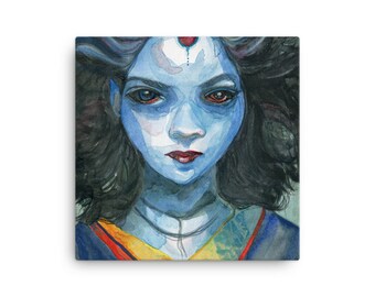May include: A watercolour painting of a woman with blue skin and dark hair. She has a red dot on her forehead and is wearing a colourful kimono.
