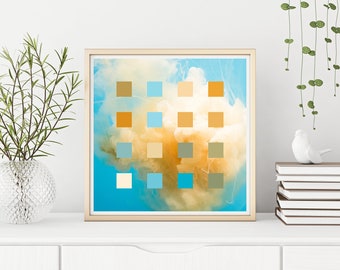 May include: Abstract art print featuring a grid of squares in shades of blue, yellow, and green. The squares are overlaid on a background of a yellow cloud-like shape against a blue sky.