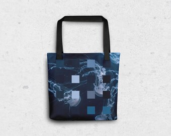 May include: A black tote bag with a blue and white pixelated jellyfish design.