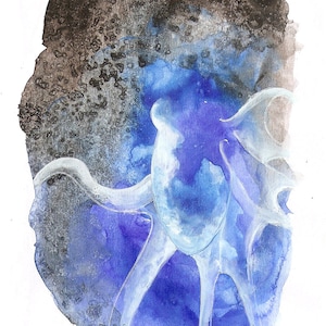Octopus Painting - Octopus Overthrown - Fine Art  Print of 4&quot;x6&quot; - Blue Watercolor and Squid Ink