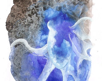 Octopus Painting - Octopus Overthrown - Fine Art  Print of 4"x6" - Blue Watercolor and Squid Ink