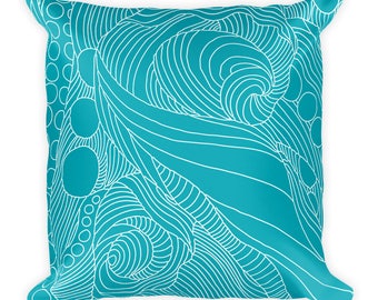 Abstract Octopus Teal and White Linework Patterned Square Throw Pillow - 18" x 18"