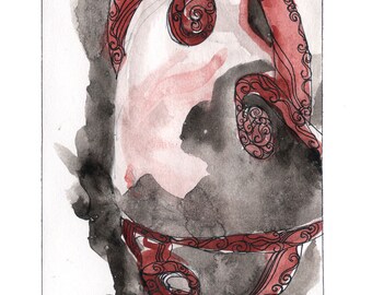 Octopus Painting - Fabergé Eggtopus - Fine Art  Print of 4"x6" Red and Grey Watercolor Painting